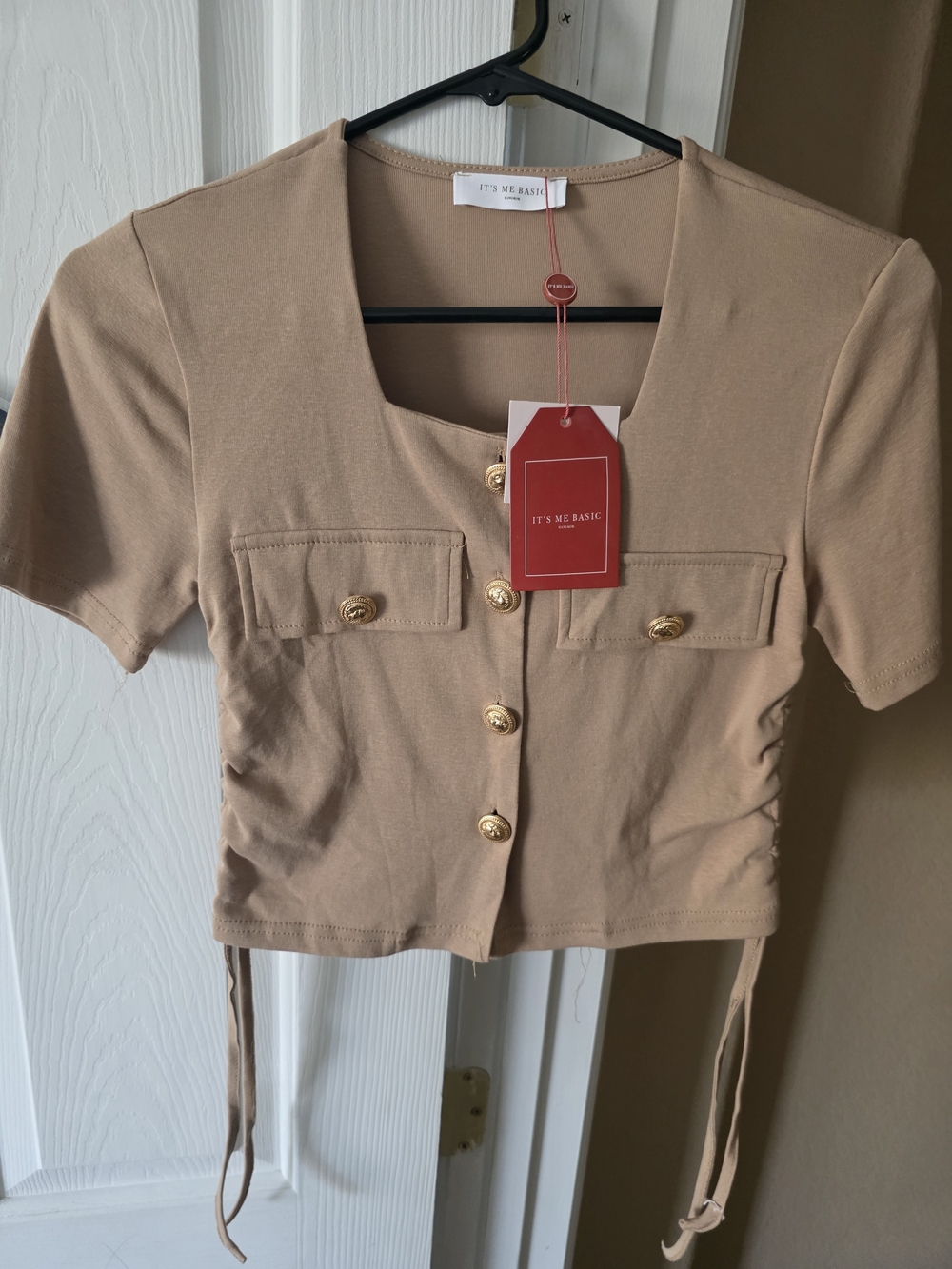 It’s Me Basic Beige Short Sleeve Button Crop Top